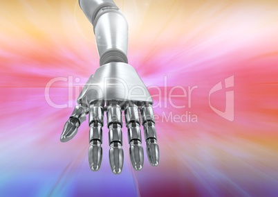 Composite image of robotic hand against a colorful background