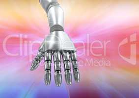 Composite image of robotic hand against a colorful background