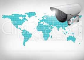 Composite Image of a Security camera against a blue and white map background