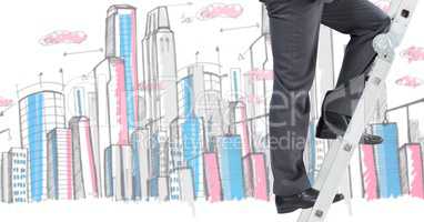 Businessman on a Ladder against a city background