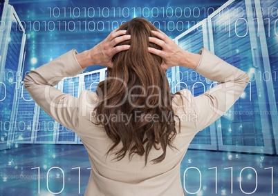 Businesswoman Standing and holding her head with her her looking at Numbers against a blue backgound