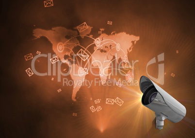 Composite Image of Security camera against an orange map background