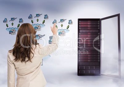 Businesswoman Standing looking and pointing at Graphic against a grey background