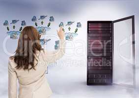 Businesswoman Standing looking and pointing at Graphic against a grey background