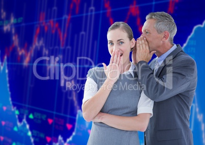 Businessman Standing in front of Graph speaking to woman ear against blue background
