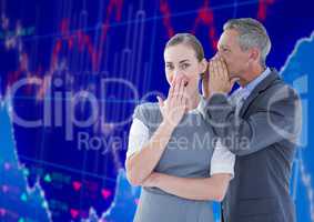 Businessman Standing in front of Graph speaking to woman ear against blue background