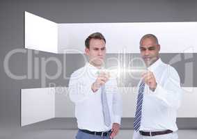 Two businessmen interacting against a grey background