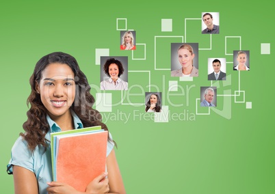 Happy Woman smiling next to Social network wall against green background