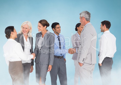 Happy Business group meeting against a blue background