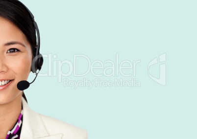 Composite image of Travel agent smiling against blue background