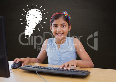 Composite image of Smiling girl in front of a computer against blackboard with lightbulb