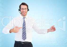 Composite image of Smiling business operator service man against a blue neutral background