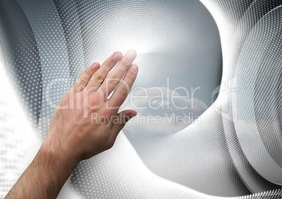 Composite image of Hand touching an interaction agaisnt a grey background