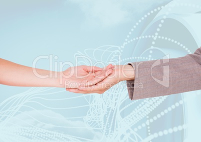 Composite image of hands holding against blue background