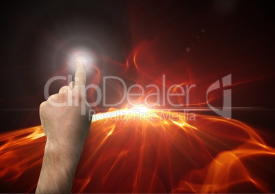 Composite image of Hand touching light against flames