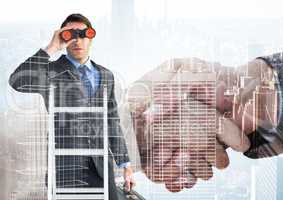 Composite image of Businessman on a Ladder looking at his objectives against city view