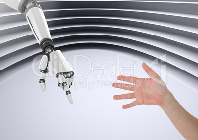 Composite image of robot hand helping human hand against modern background