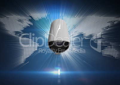 Composite Image of Security camera on white and blue map background
