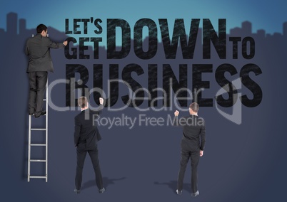 Businessman on a Ladder with two businessmen writhing against a blue background