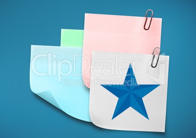 Composite image of colored Sticky Note with Star against blue background