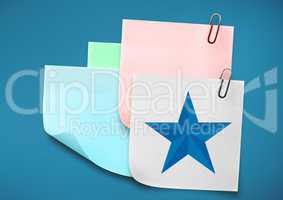 Composite image of colored Sticky Note with Star against blue background