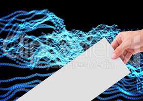 Composite image of Hand holding white envelope against blue lights effects
