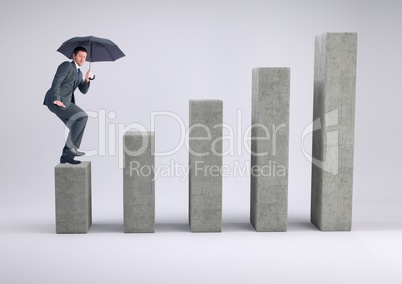 Composite image of Businessman standing on a graph post with an umbrella against grey background