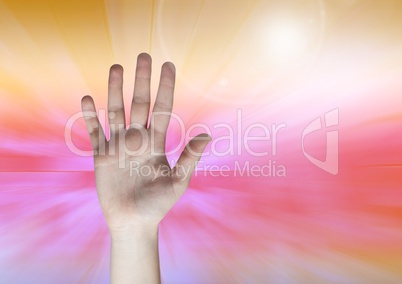 Composite image of open Hand against colored background