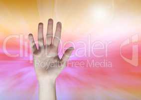 Composite image of open Hand against colored background