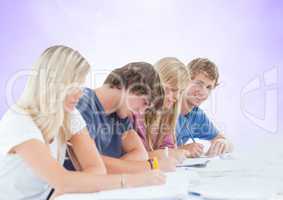 Group of students studying against a purple background