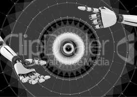 Composite image of Robotic Hands touching Wheel Circle against a black background