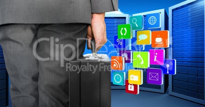 Businessman Standing looking at Graphic against a blue background