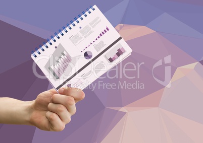 Composite image of Hand holding Notepad with Statistics Charts against graphic purple background