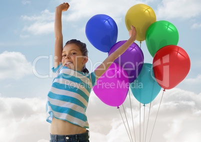 Composite image of Girl having fun with balloons against a sky background
