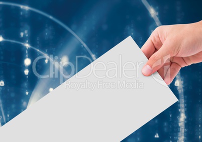 Composite image of hand Holding White Board against blue background