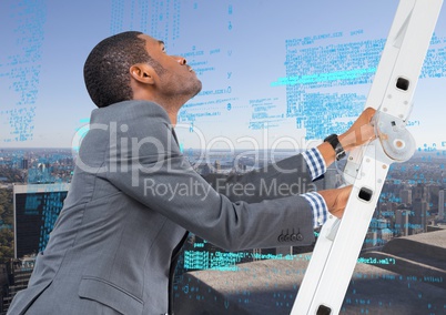 Composite image of Businessman on a Ladder looking at digital data against city view