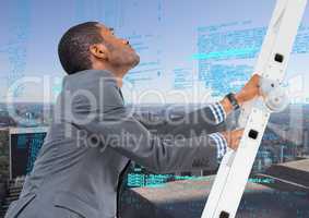 Composite image of Businessman on a Ladder looking at digital data against city view