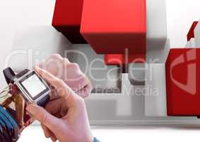 Composite image of Hand adjusting smart watch against redand white cubes