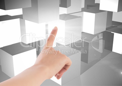 Composite image of Hand touching white cubes