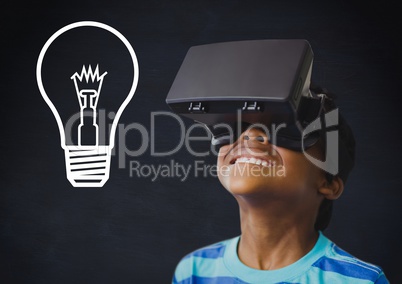 Composite image of kid wearing helmet against blackboard with lightbulb