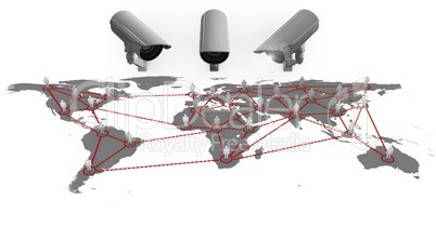 Composite Image of a Security cameras against a white and grey map background