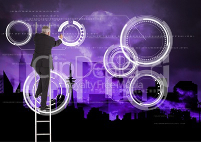 Businessman on a Ladder writing against a purple background