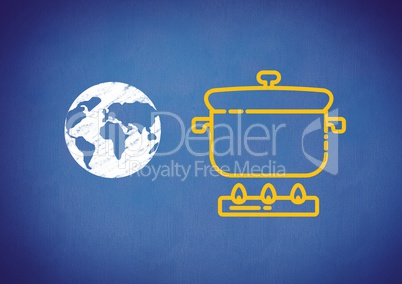 Composite image of cooking pot with world globe against blue background