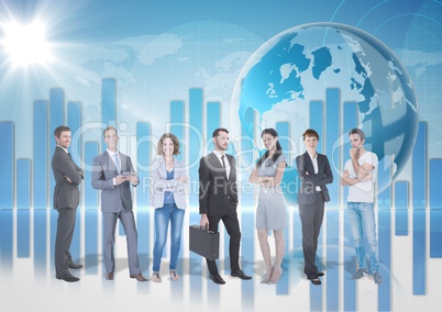 Business Team Standing in front of Graph against blue background