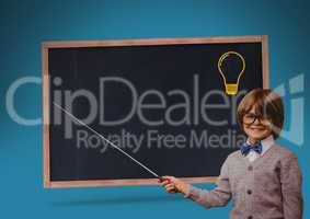 kid and blackboard with lightbulb against a blue background