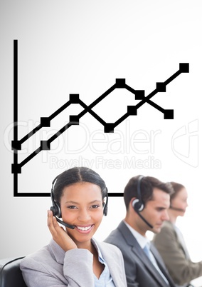 Business Team using headsets against graph against neutral background