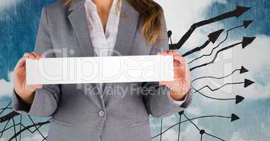 Businesswoman holding a sign against a blue background