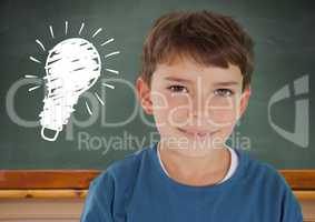 kid and blackboard with lightbulb against a black background