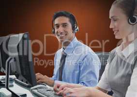 Travel agents with headsets against a brown background