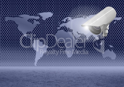 Composite Image of Security camera on blue map with sand against a blue background